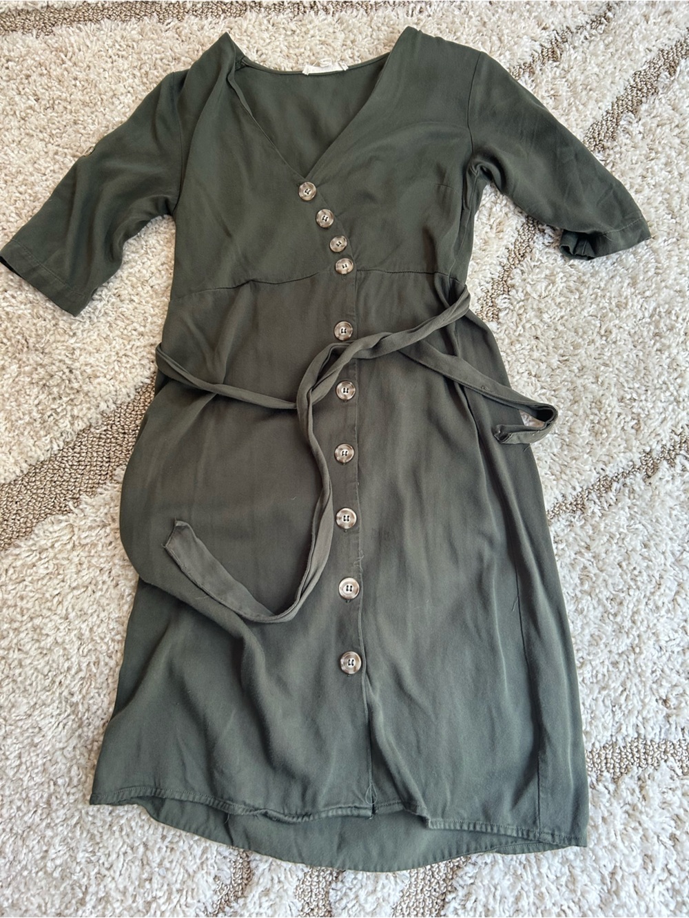 Rebellion Olive Green Button-Front Wrap Midi Dress